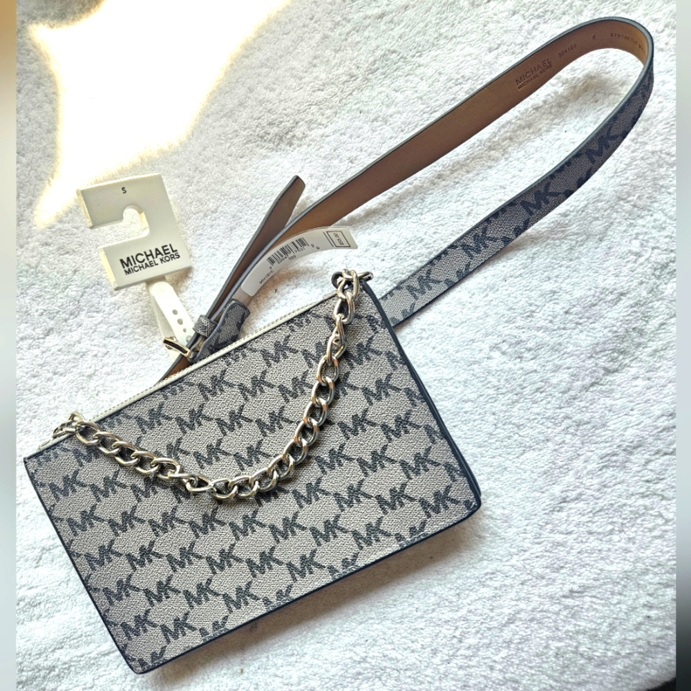 Michael kors silver chain gray monogram belt bag Fanny Pack handbag NEW
